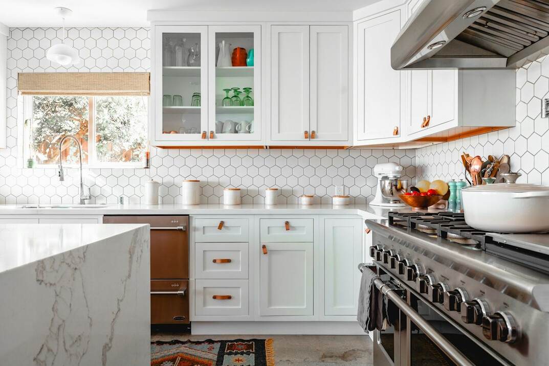 Bright home kitchen with fresh ingredients for cooking healthy meals