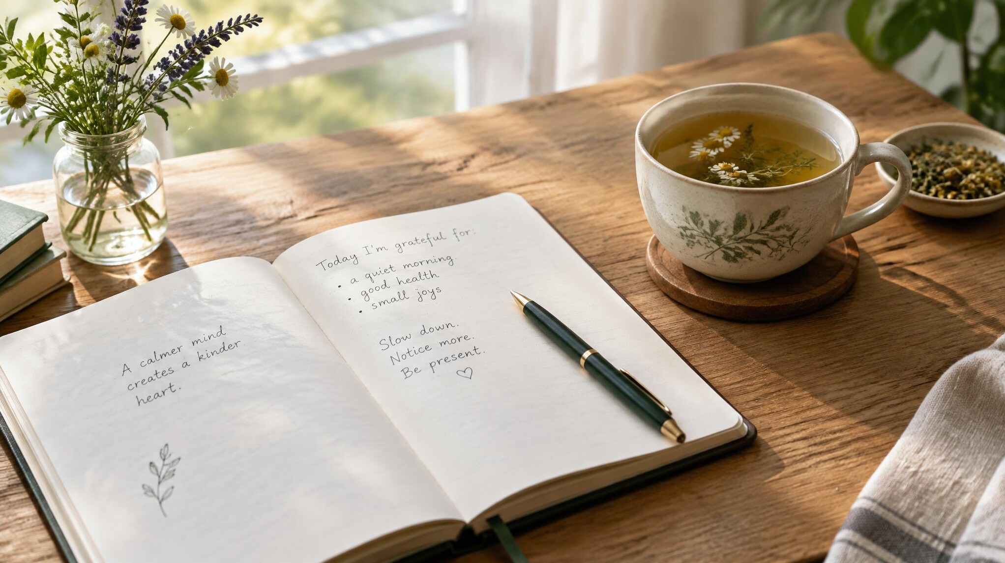 Open journal and pen on a table for mindful reflection